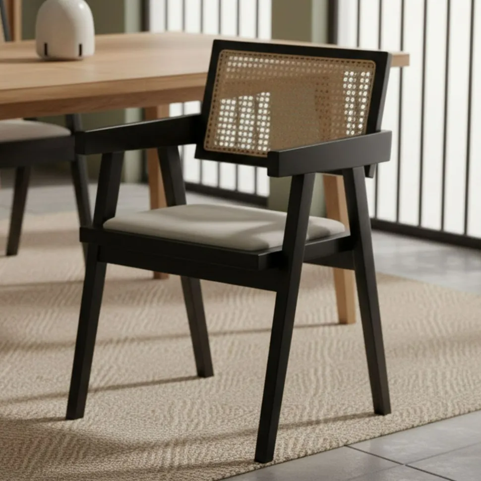 Chaise design avec accoudoirs et cannage rotin Hiro Bois foncé et Tissu Beige