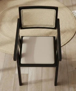 Chaise design avec accoudoirs et cannage rotin Hiro Bois foncé et Tissu Beige