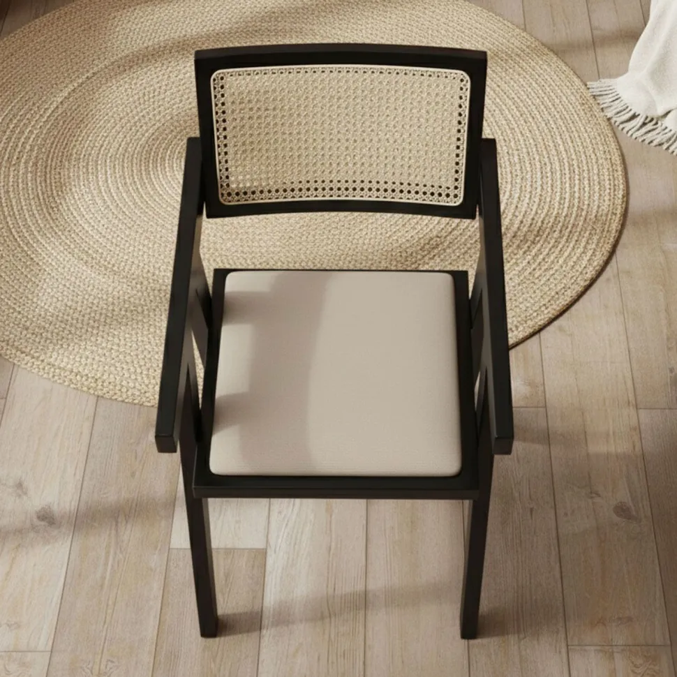Chaise design avec accoudoirs et cannage rotin Hiro Bois foncé et Tissu Beige