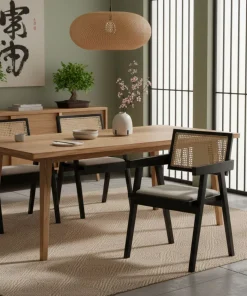 Chaise design avec accoudoirs et cannage rotin Hiro Bois foncé et Tissu Beige