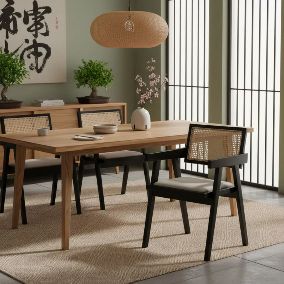 Chaise design avec accoudoirs et cannage rotin Hiro Bois foncé et Tissu Beige