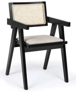Chaise design avec accoudoirs et cannage rotin Hiro Bois foncé et Tissu Beige