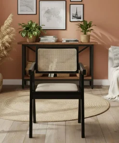 Chaise design avec accoudoirs et cannage rotin Hiro Bois foncé et Tissu Beige