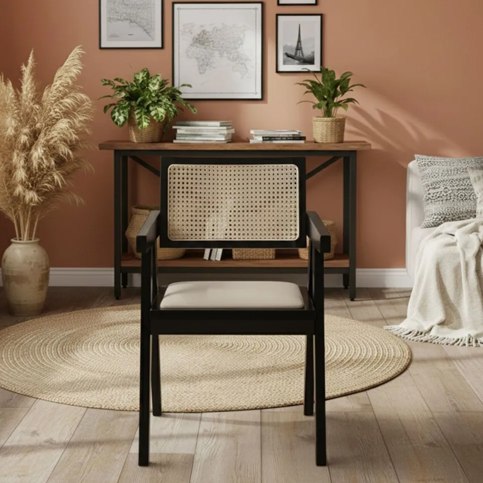 Chaise design avec accoudoirs et cannage rotin Hiro Bois foncé et Tissu Beige