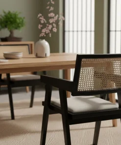 Chaise design avec accoudoirs et cannage rotin Hiro Bois foncé et Tissu Beige