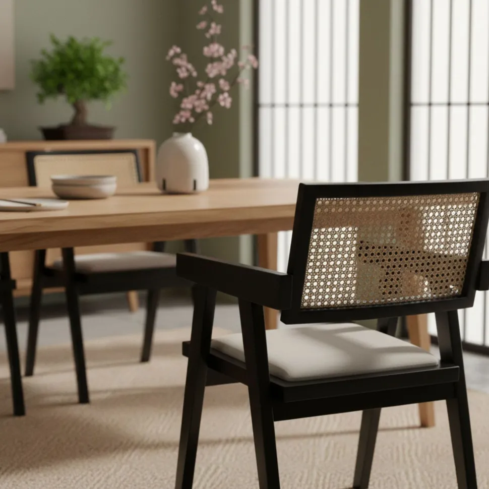 Chaise design avec accoudoirs et cannage rotin Hiro Bois foncé et Tissu Beige
