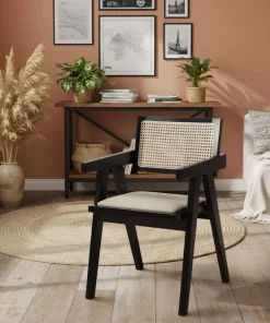 Chaise design avec accoudoirs et cannage rotin Hiro Bois foncé et Tissu Beige
