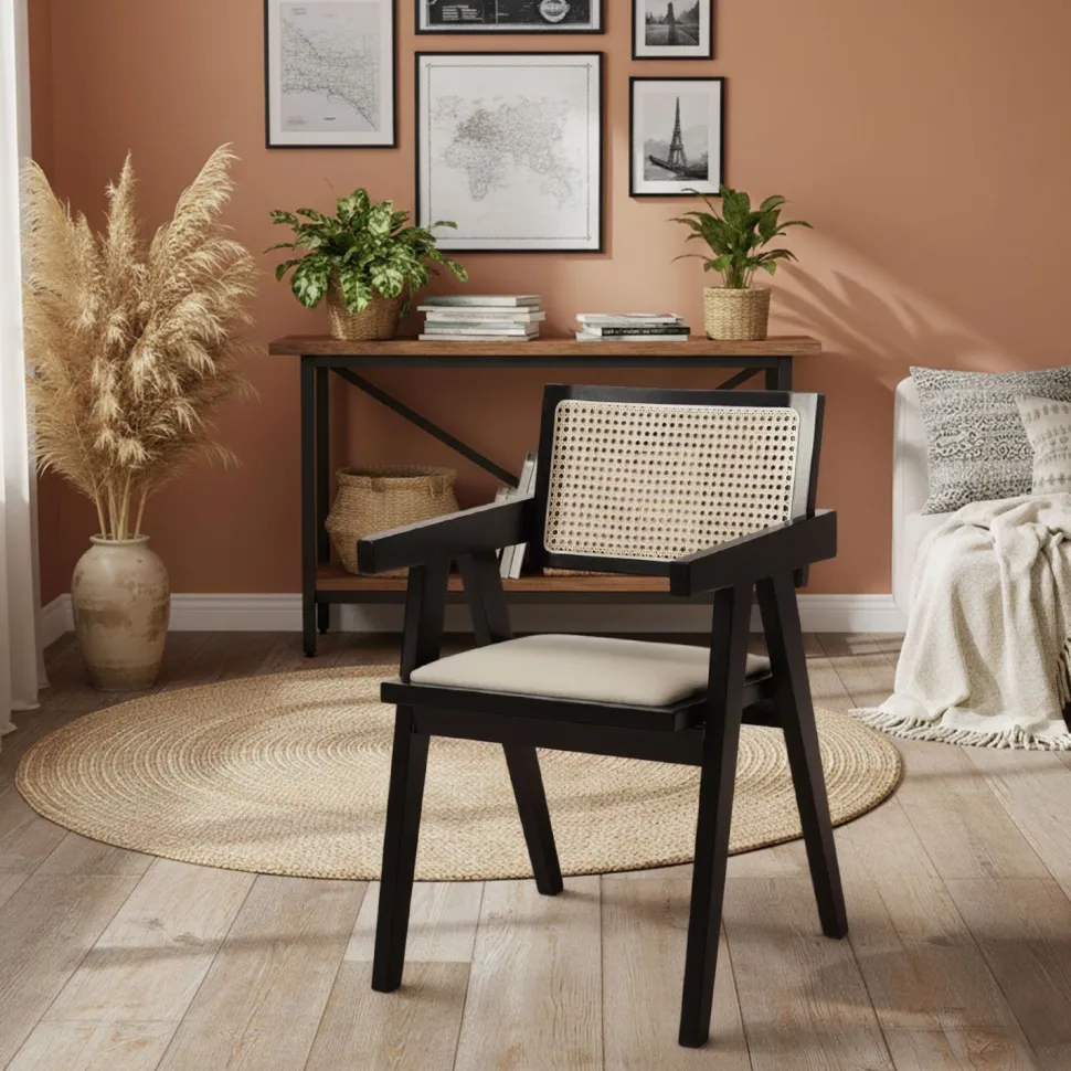 Chaise design avec accoudoirs et cannage rotin Hiro Bois foncé et Tissu Beige