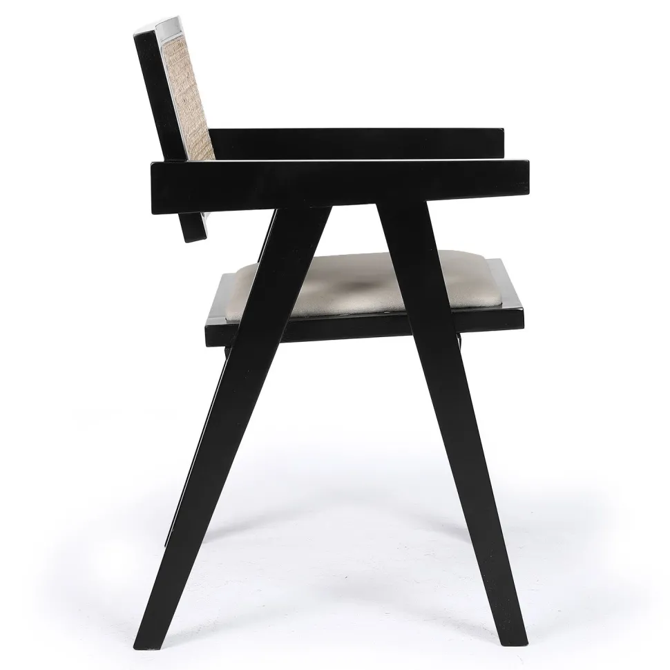 Chaise design avec accoudoirs et cannage rotin Hiro Bois foncé et Tissu Beige