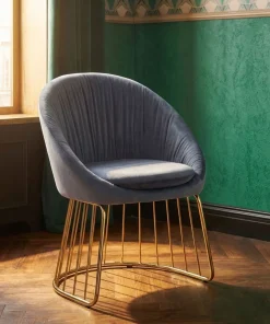 Chaise design avec dossier arrondi effet drapé Pralion Pied Or et Velours Gris