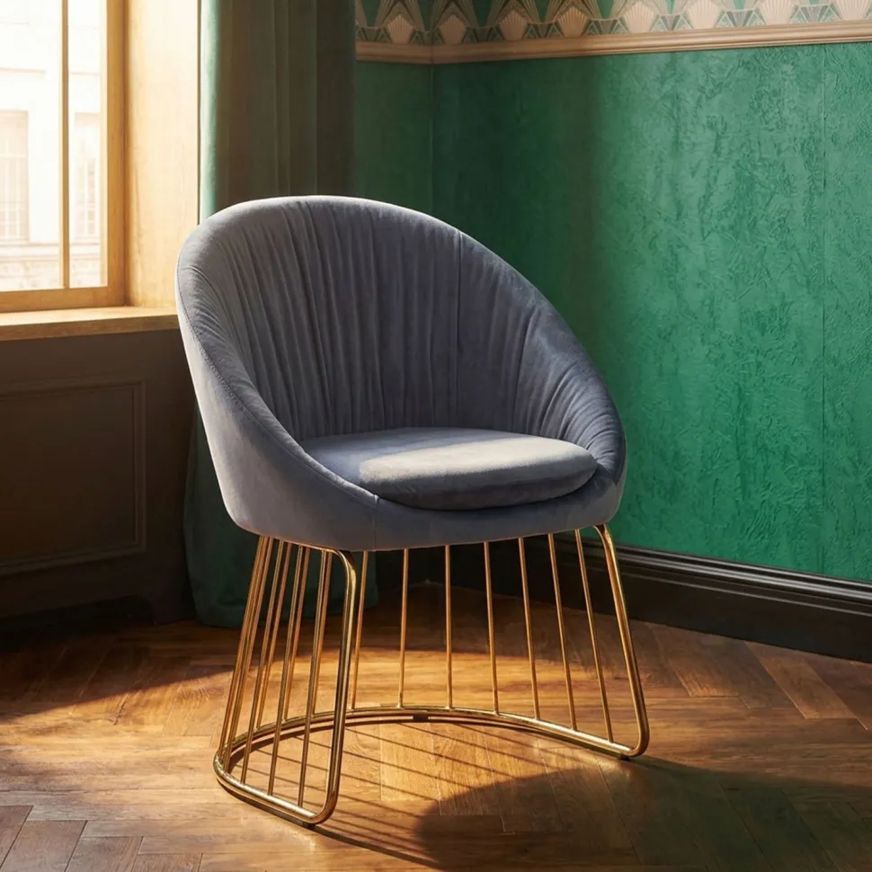 Chaise design avec dossier arrondi effet drapé Pralion Pied Or et Velours Gris