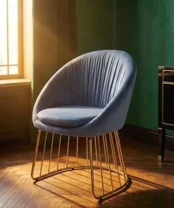 Chaise design avec dossier arrondi effet drapé Pralion Pied Or et Velours Gris