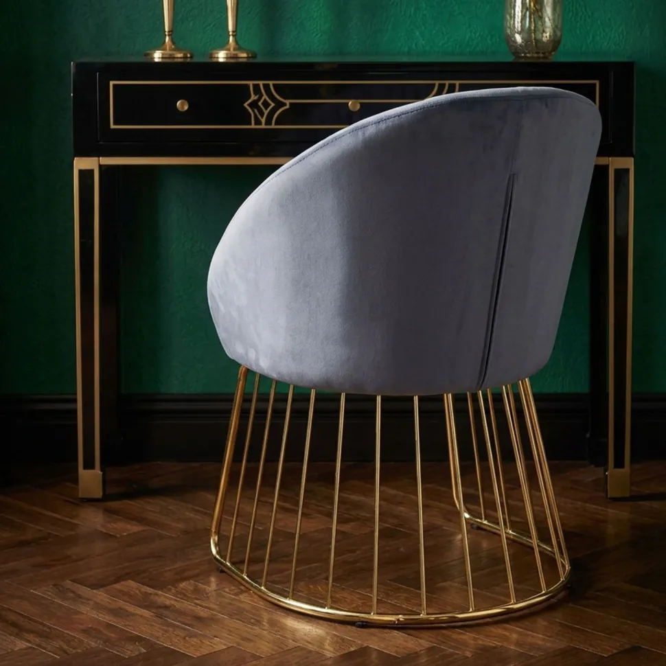 Chaise design avec dossier arrondi effet drapé Pralion Pied Or et Velours Gris