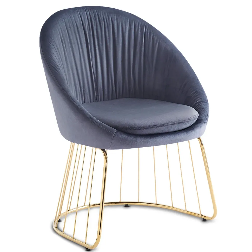 Chaise design avec dossier arrondi effet drapé Pralion Pied Or et Velours Gris