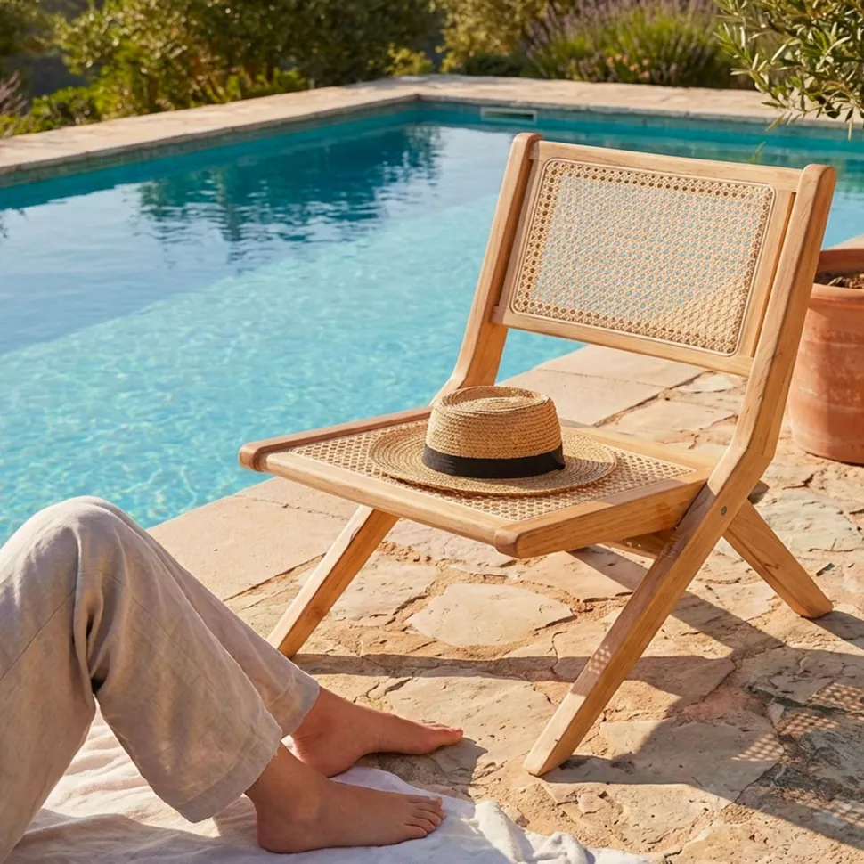 Chaise pliante Masdam Bois massif naturel et cannage en rotin