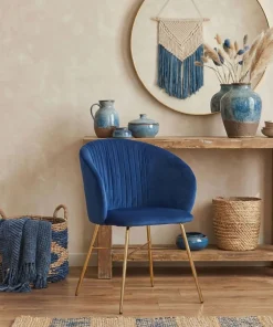 Chaise Smart Velours Bleu Pieds Or