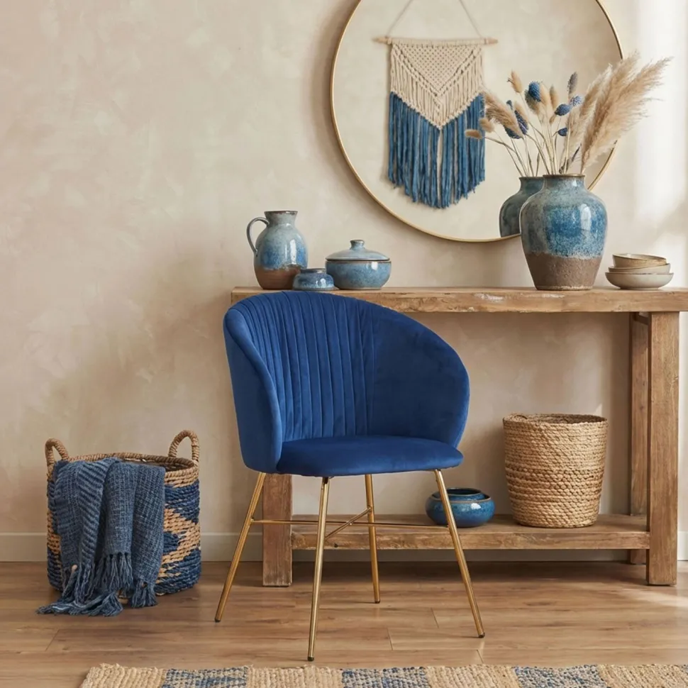 Chaise Smart Velours Bleu Pieds Or