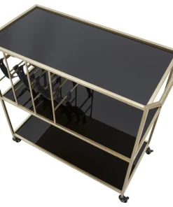 Chariot de service en métal doré 3 étagères en verre miroir porte-bouteilles Noir