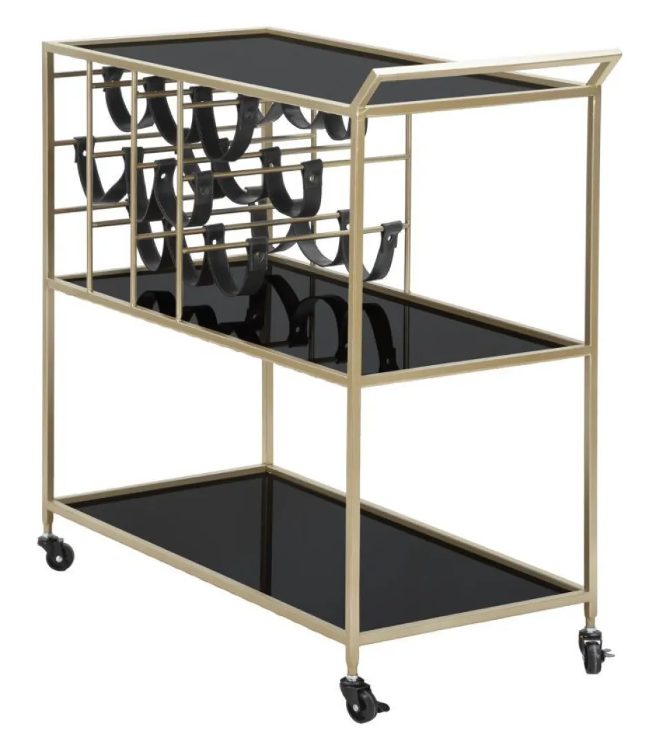Chariot de service en métal doré 3 étagères en verre miroir porte-bouteilles Noir
