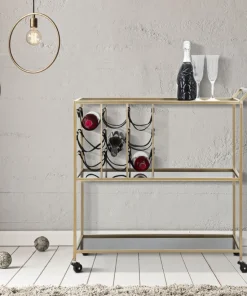 Chariot de service en métal doré 3 étagères en verre miroir porte-bouteilles Noir
