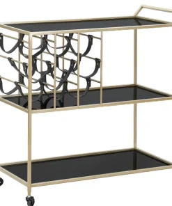 Chariot de service en métal doré 3 étagères en verre miroir porte-bouteilles Noir
