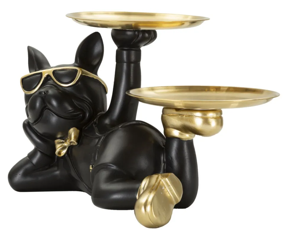 Chien décoratif avec plateau doré en polyrésine et métal Noir
