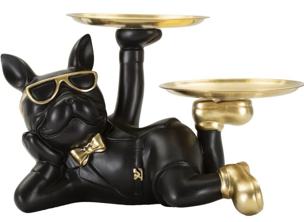 Chien décoratif avec plateau doré en polyrésine et métal Noir