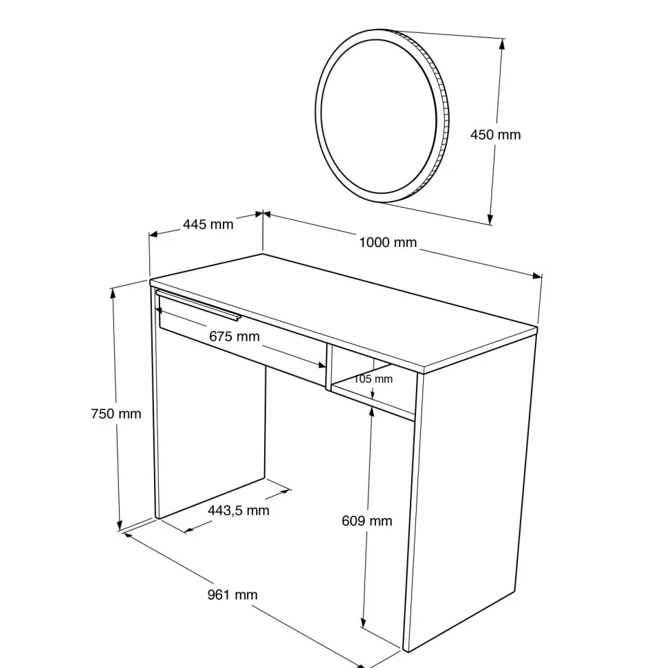 Coiffeuse à tiroir L100cm avec miroir rond Onara Blanc