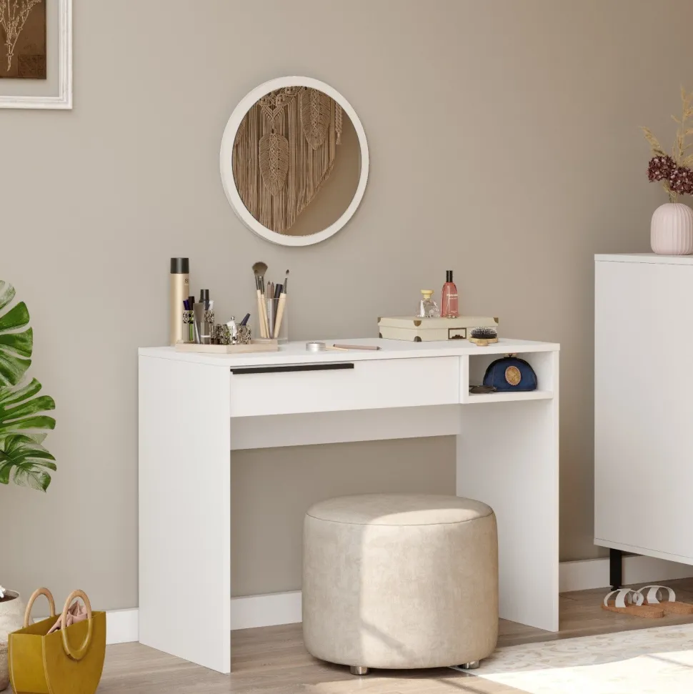 Coiffeuse à tiroir L100cm avec miroir rond Onara Blanc