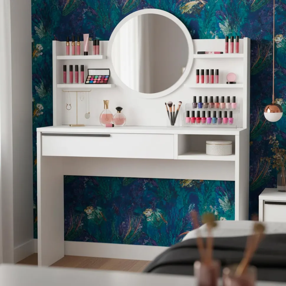 Coiffeuse à tiroir L100cm avec étagères et miroir rond Onara Blanc
