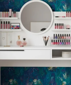 Coiffeuse à tiroir L100cm avec étagères et miroir rond Onara Blanc