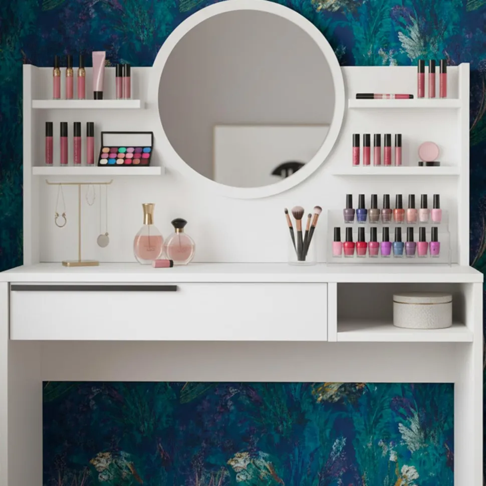 Coiffeuse à tiroir L100cm avec étagères et miroir rond Onara Blanc