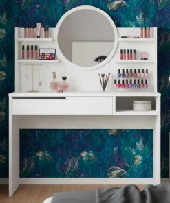Coiffeuse à tiroir L100cm avec étagères et miroir rond Onara Blanc