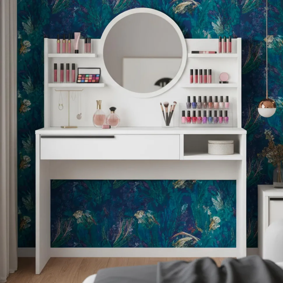 Coiffeuse à tiroir L100cm avec étagères et miroir rond Onara Blanc