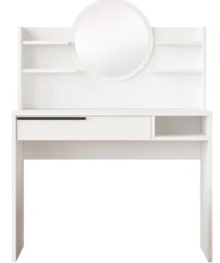 Coiffeuse à tiroir L100cm avec étagères et miroir rond Onara Blanc
