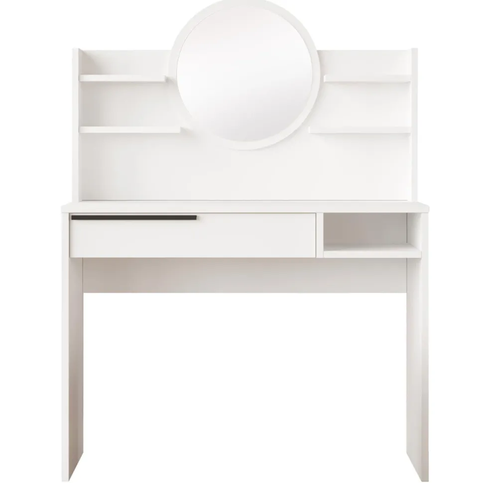 Coiffeuse à tiroir L100cm avec étagères et miroir rond Onara Blanc