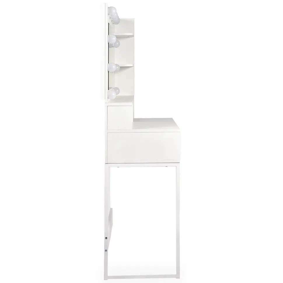 Coiffeuse 4 tiroirs et miroir LED 3 couleurs Miraclas L92cm Bois Blanc et Rotin