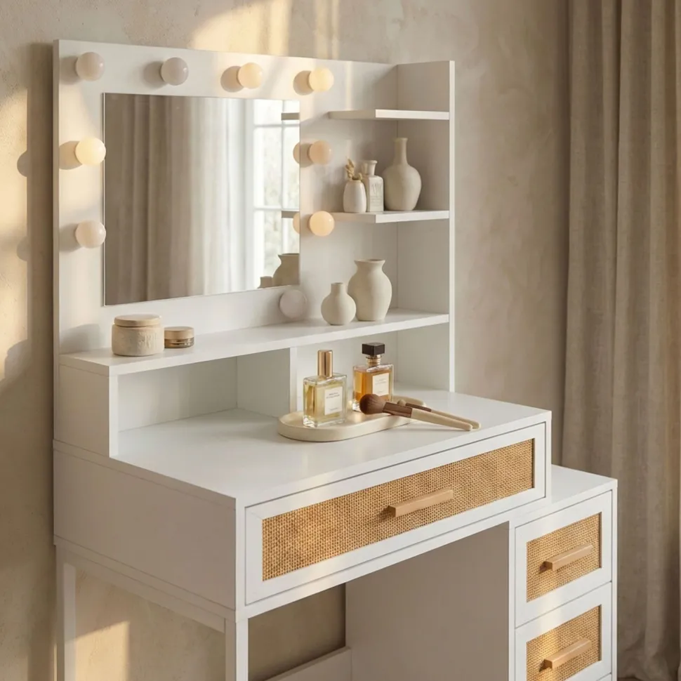 Coiffeuse 4 tiroirs et miroir LED 3 couleurs Miraclas L92cm Bois Blanc et Rotin