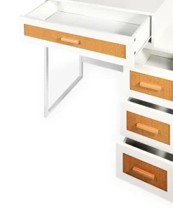 Coiffeuse 4 tiroirs et miroir LED 3 couleurs Miraclas L92cm Bois Blanc et Rotin