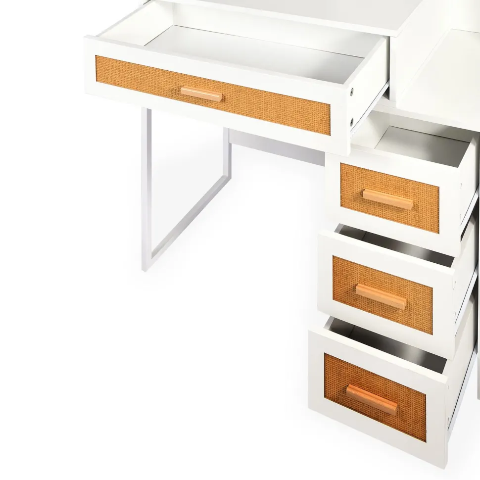 Coiffeuse 4 tiroirs et miroir LED 3 couleurs Miraclas L92cm Bois Blanc et Rotin