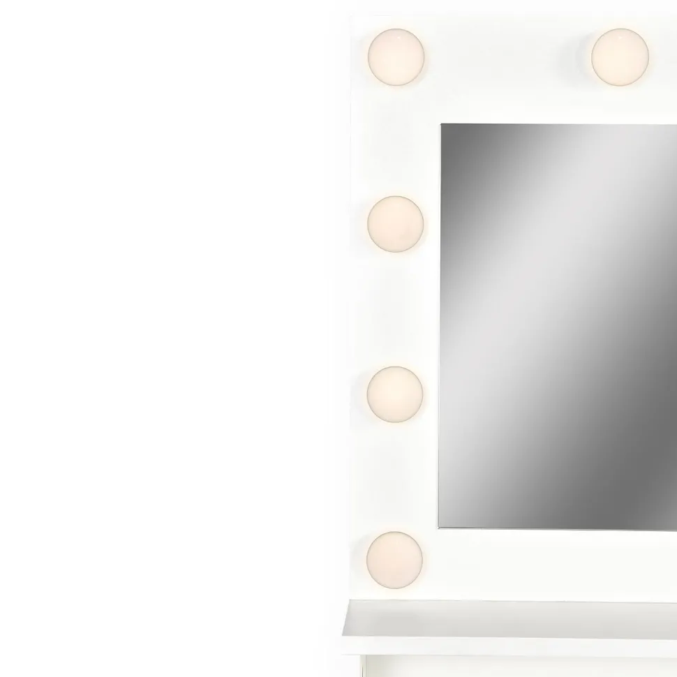 Coiffeuse 4 tiroirs et miroir LED 3 couleurs Miraclas L92cm Bois Blanc et Rotin