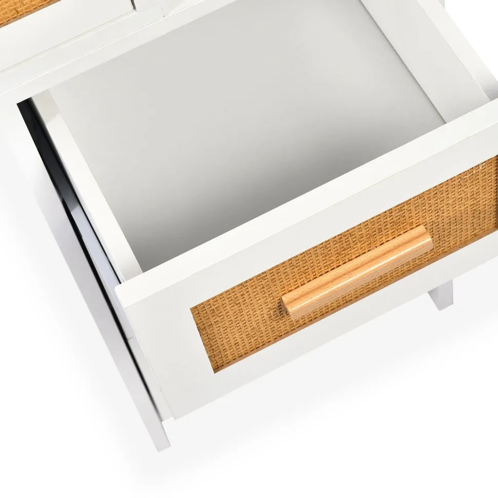 Coiffeuse 4 tiroirs et miroir LED 3 couleurs Miraclas L92cm Bois Blanc et Rotin