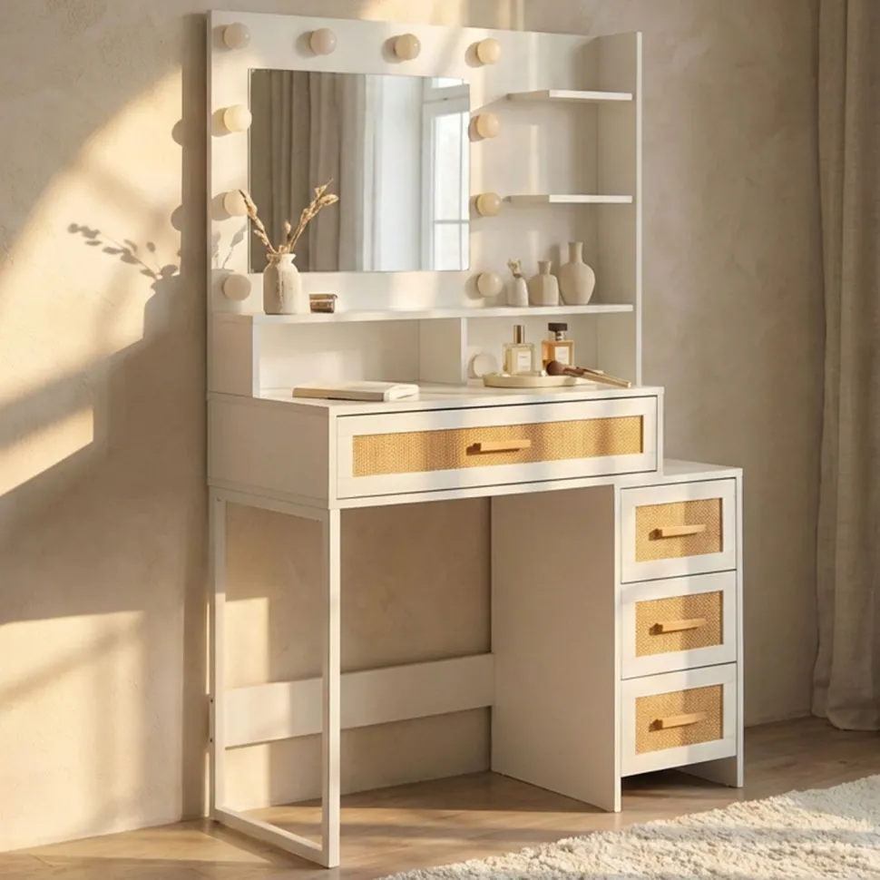 Coiffeuse 4 tiroirs et miroir LED 3 couleurs Miraclas L92cm Bois Blanc et Rotin