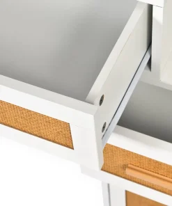 Coiffeuse 4 tiroirs et miroir LED 3 couleurs Miraclas L92cm Bois Blanc et Rotin