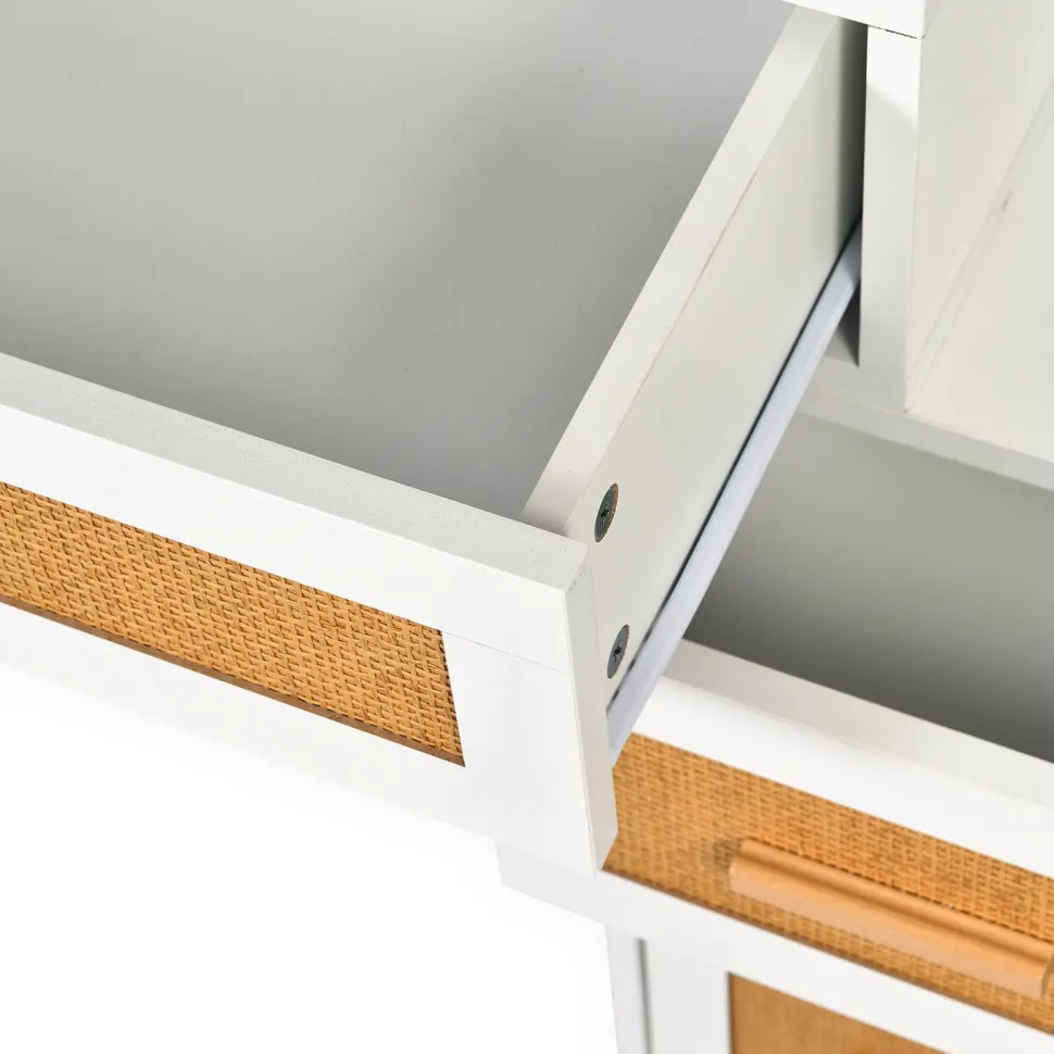 Coiffeuse 4 tiroirs et miroir LED 3 couleurs Miraclas L92cm Bois Blanc et Rotin