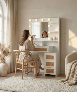 Coiffeuse 4 tiroirs et miroir LED 3 couleurs Miraclas L92cm Bois Blanc et Rotin