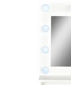 Coiffeuse 4 tiroirs et miroir LED 3 couleurs Miraclas L92cm Bois Blanc et Rotin