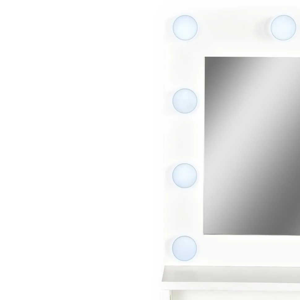 Coiffeuse 4 tiroirs et miroir LED 3 couleurs Miraclas L92cm Bois Blanc et Rotin