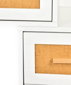 Coiffeuse 4 tiroirs et miroir LED 3 couleurs Miraclas L92cm Bois Blanc et Rotin