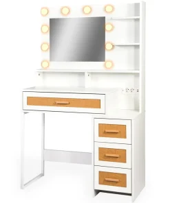 Coiffeuse 4 tiroirs et miroir LED 3 couleurs Miraclas L92cm Bois Blanc et Rotin